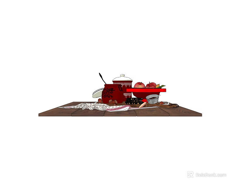 Stylish Kitchen Utensils with Red Cooking Pot Sharp Knives and Cutting Board on Wooden Tray 3d model 