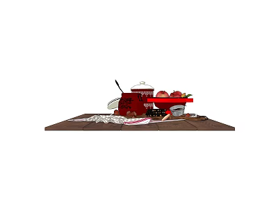Stylish Kitchen Utensils with Red Cooking Pot Sharp Knives and Cutting Board on Wooden Tray 3d model