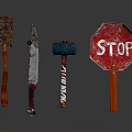Still Life Tool Collection With Perforated Spatula Knife Hammer And Red Stop Sign