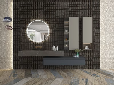 Modern Bathroom Vanity With Illuminated Round Mirror Dark Brick Wall And Wooden Floor 3d model