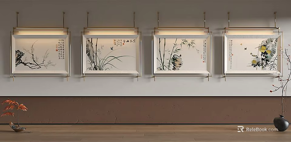 Traditional Chinese Style Plant Paintings Displayed On Wall 3d model 