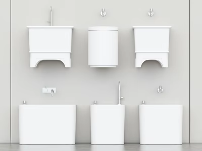 Modern White Bathroom Fixtures With Wall Mounted Toilets And Square Wash Basins 3d model