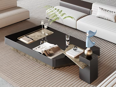 Modern Black Coffee Table With Gold Accents Green Plant And Books On Living Room Rug 3d model