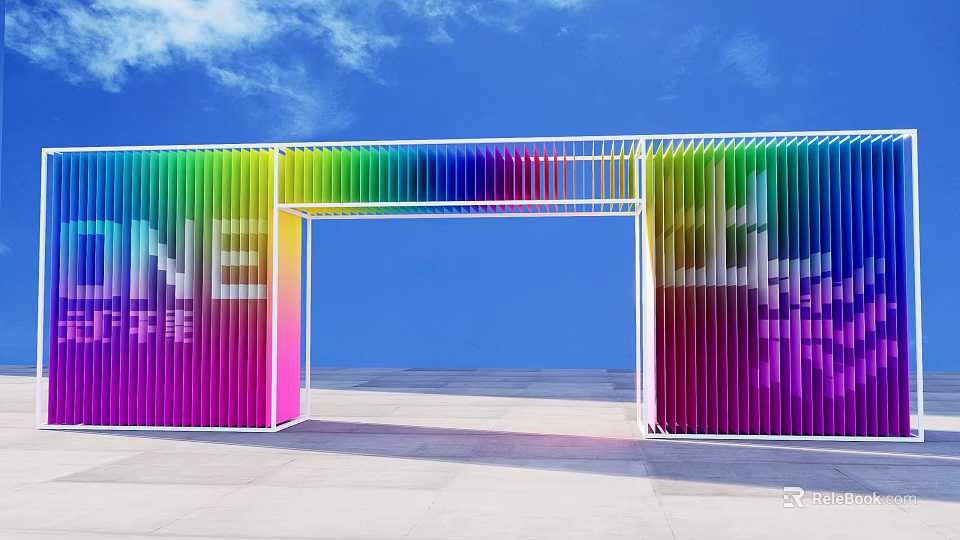 Rainbow Colored Event Gateway With Modern Metal Frame Against Blue Sky 3d model 