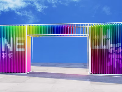 Rainbow Colored Event Gateway With Modern Metal Frame Against Blue Sky 3d model