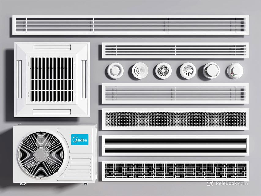 Various Types of Air Conditioner Vents with Grille and Circular Designs and Outdoor Unit 3d model 