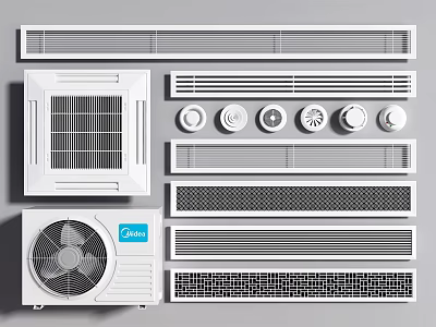 Various Types of Air Conditioner Vents with Grille and Circular Designs and Outdoor Unit 3d model
