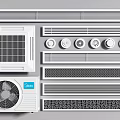 Various Types of Air Conditioner Vents with Grille and Circular Designs and Outdoor Unit