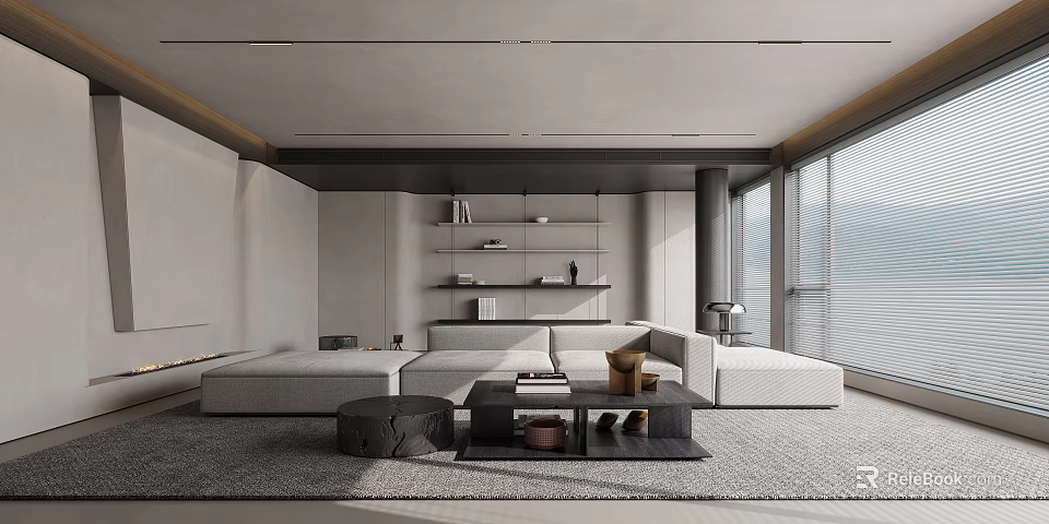 Modern Living Room Interior Design With Sofa Coffee Table Shelves And Large Windows 3d model 