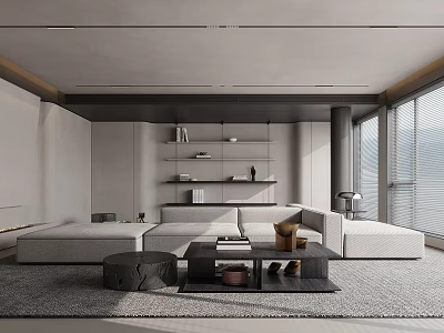 Modern Living Room Interior Design With Sofa Coffee Table Shelves And Large Windows 3d model