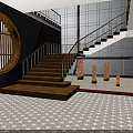 Modern Hall Interior With Wooden Circular Wall Staircase Metal Railings And Orange Columns