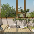 Rooftop Garden With Golden Lattice Screen Wicker Chairs Rattan Table And Wooden Deck