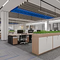 Modern Public Office Space With Corridor Blue Carpet Wooden Walls Green Plants And TV Screen