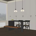Modern Dining Table Set With Chairs Bench Pendant Lights And White Cabinets By Window Blinds