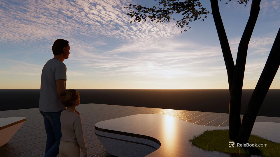 Adult and Child Enjoying Sunset View by Landscape Seat with Tree and Grass 3d model 