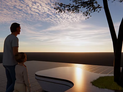 Adult and Child Enjoying Sunset View by Landscape Seat with Tree and Grass 3d model