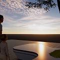 Adult and Child Enjoying Sunset View by Landscape Seat with Tree and Grass