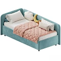 Blue And Beige Kids Bed With Pink Gray Quilts And Banana Cloud Shaped Pillows