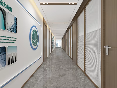 Modern Office Corridor Design With Glass Partitions Wall Decorations And Ceiling Lighting 3d model