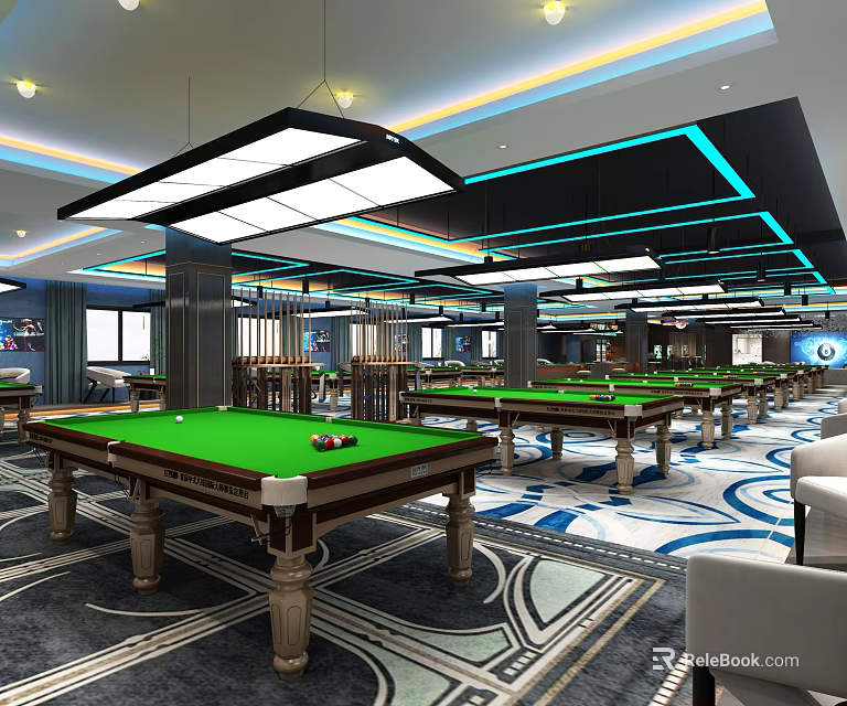 Modern Billiard Room Interior With Green Pool Tables Hanging Lights And Decorative Floors 3d model 
