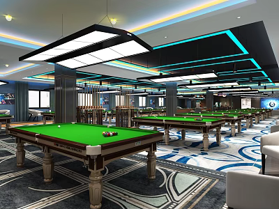Modern Billiard Room Interior With Green Pool Tables Hanging Lights And Decorative Floors 3d model