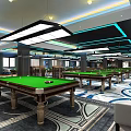 Modern Billiard Room Interior With Green Pool Tables Hanging Lights And Decorative Floors
