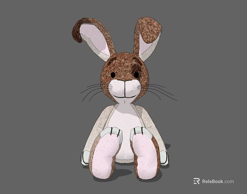 Stuffed Rabbit Doll With Brown White Fur Long Ears Black Eyes And Pink Foot Pads 3d model 