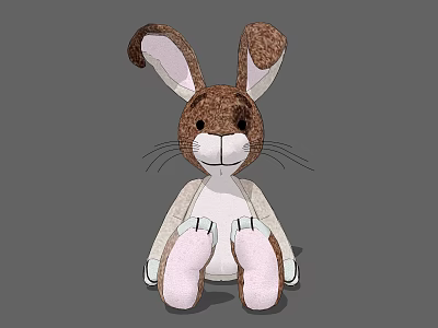 Stuffed Rabbit Doll With Brown White Fur Long Ears Black Eyes And Pink Foot Pads 3d model