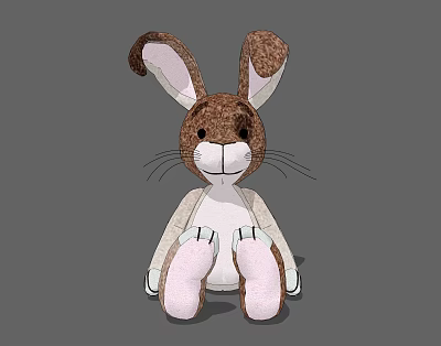 Stuffed Rabbit Doll With Brown White Fur Long Ears Black Eyes And Pink Foot Pads 3d model
