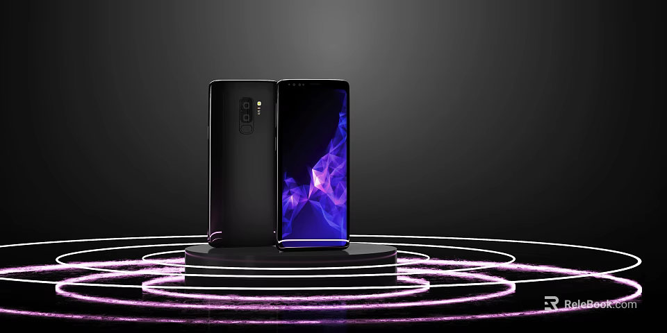 Black Smartphones With Dual Camera And Colorful Display Light Effects On Illuminated Platform 3d model 
