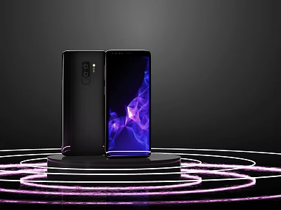 Black Smartphones With Dual Camera And Colorful Display Light Effects On Illuminated Platform 3d model