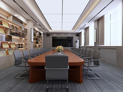Modern Conference Room Interior With Long Wooden Table Gray Chairs Bookshelves Trophies And Large Windows 3d model