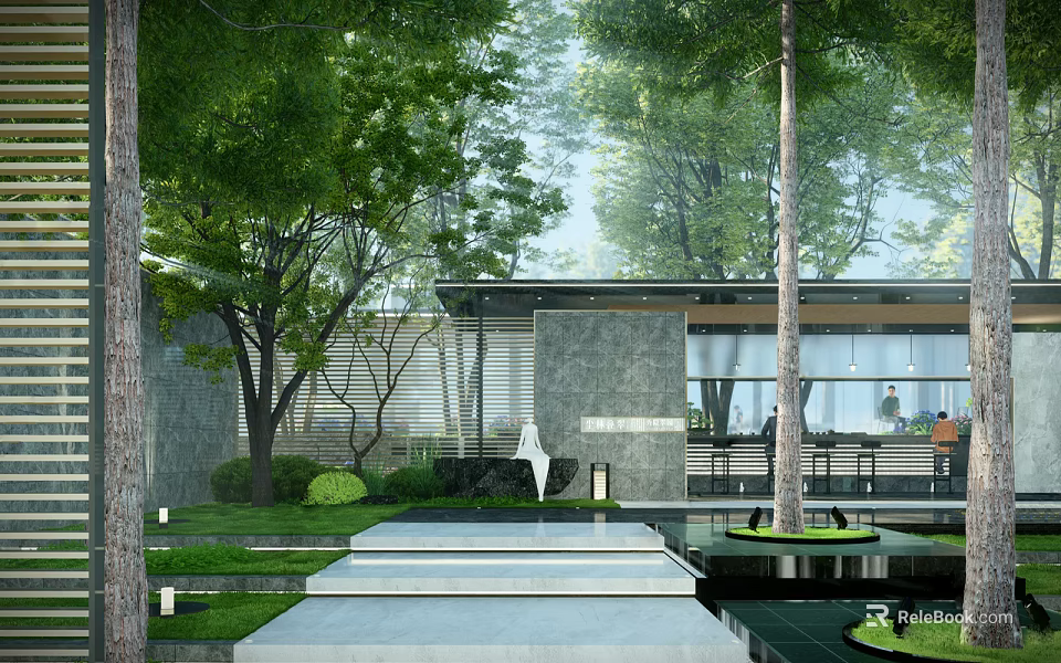 Modern Garden Landscape With Lush Trees Stone Steps And Water Features 3d model 