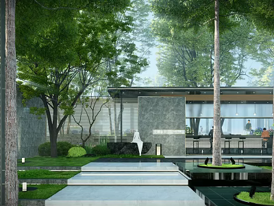 Modern Garden Landscape With Lush Trees Stone Steps And Water Features 3d model