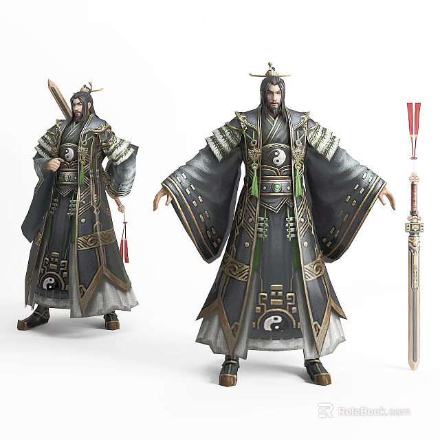 Ancient Taoist Characters in Traditional Tai Chi Robes Holding Long Swords and Red Ritual Tools 3d model 