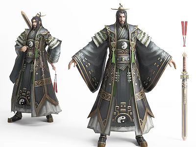 Ancient Taoist Characters in Traditional Tai Chi Robes Holding Long Swords and Red Ritual Tools 3d model