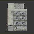 Multi Story Building Model With Red Gray Walls And Blue Awnings Windows Doors