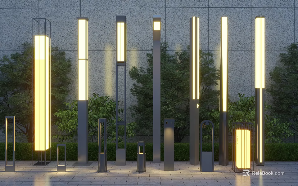 Modern Outdoor Lights With Different Heights And Warm Yellow Glow In Garden Pathway 3d model 