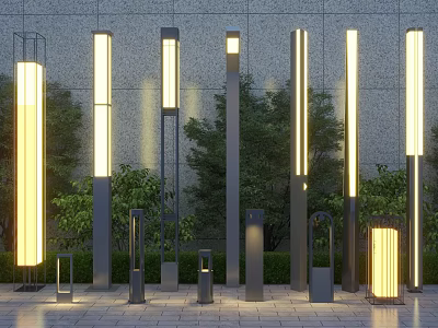 Modern Outdoor Lights With Different Heights And Warm Yellow Glow In Garden Pathway 3d model