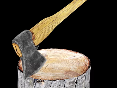 Axe As Weapon With Wooden Handle And Metal Head Splitting Tree Stump Log 3d model