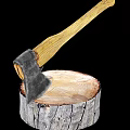 Axe As Weapon With Wooden Handle And Metal Head Splitting Tree Stump Log