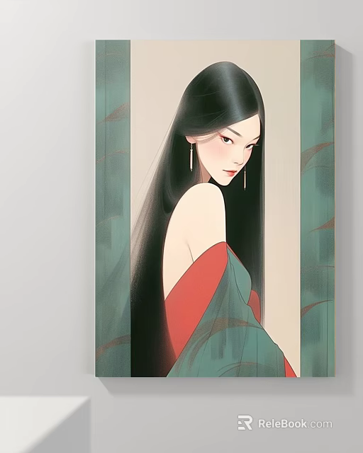 Eastern Style Female Portrait With Off Shoulder Red Green Attire And Bamboo Leaves Background 3d model 