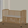 Wooden Baby Crib with Wheels and Mattress in Light Room with Window Blinds