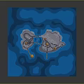 Cartoon Scene With Wavy Blue Background And Gray Islands With Yellow Circles