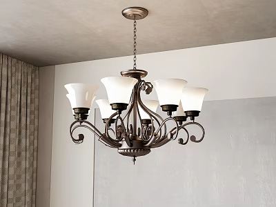 Vintage Chandelier With Multiple White Shades Ornate Metal Frame And Ceiling Installation In Interior 3d model