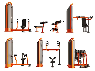 Various Commercial Sports Equipment Including Strength Training Machines And Multi Functional Units With Orange And Gray Frames 3d model