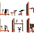 Various Commercial Sports Equipment Including Strength Training Machines And Multi Functional Units With Orange And Gray Frames