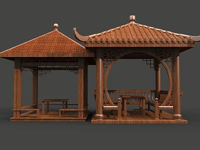 Traditional Chinese Pavilions With Wooden Structure Tile Roof And Circular Arch Benches Tables 3d model