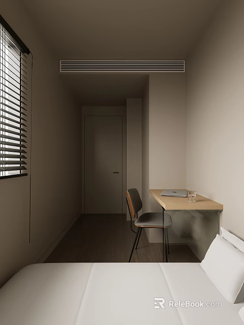 Cozy Bedroom with Window Blinds Desk Chair Laptop Cup Bed and Door Near Hallway 3d model 