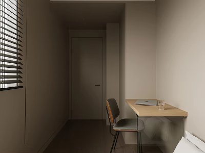 Cozy Bedroom with Window Blinds Desk Chair Laptop Cup Bed and Door Near Hallway 3d model